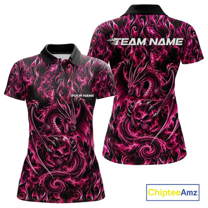 Pink Flame Dragon With Skull Bowling Ball Custom Bowling Women Polo Shirt Bowling Jersey IPHW12118