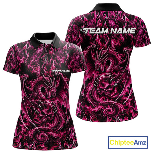 Pink Flame Dragon With Skull Bowling Ball Custom Bowling Women Polo Shirt Bowling Jersey IPHW12118