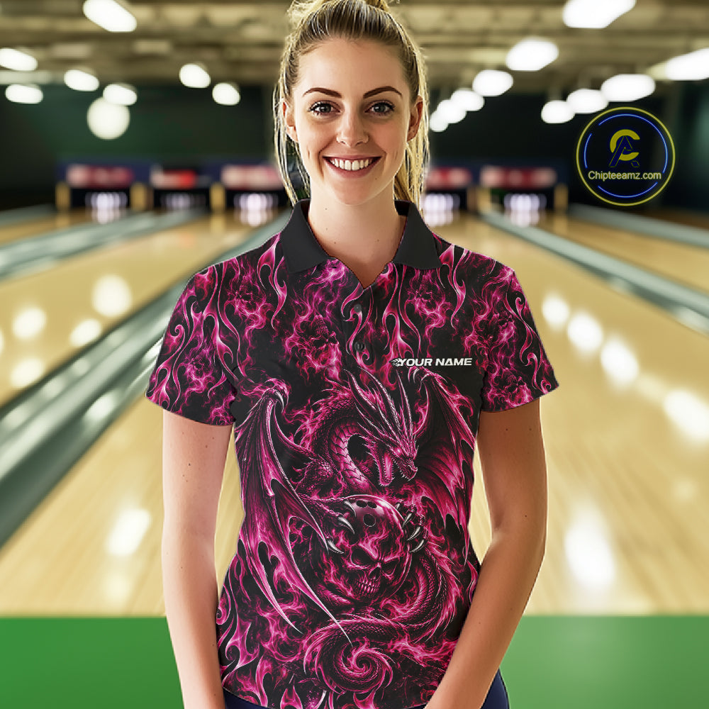 Pink Flame Dragon With Skull Bowling Ball Custom Bowling Women Polo Shirt Bowling Jersey IPHW12118