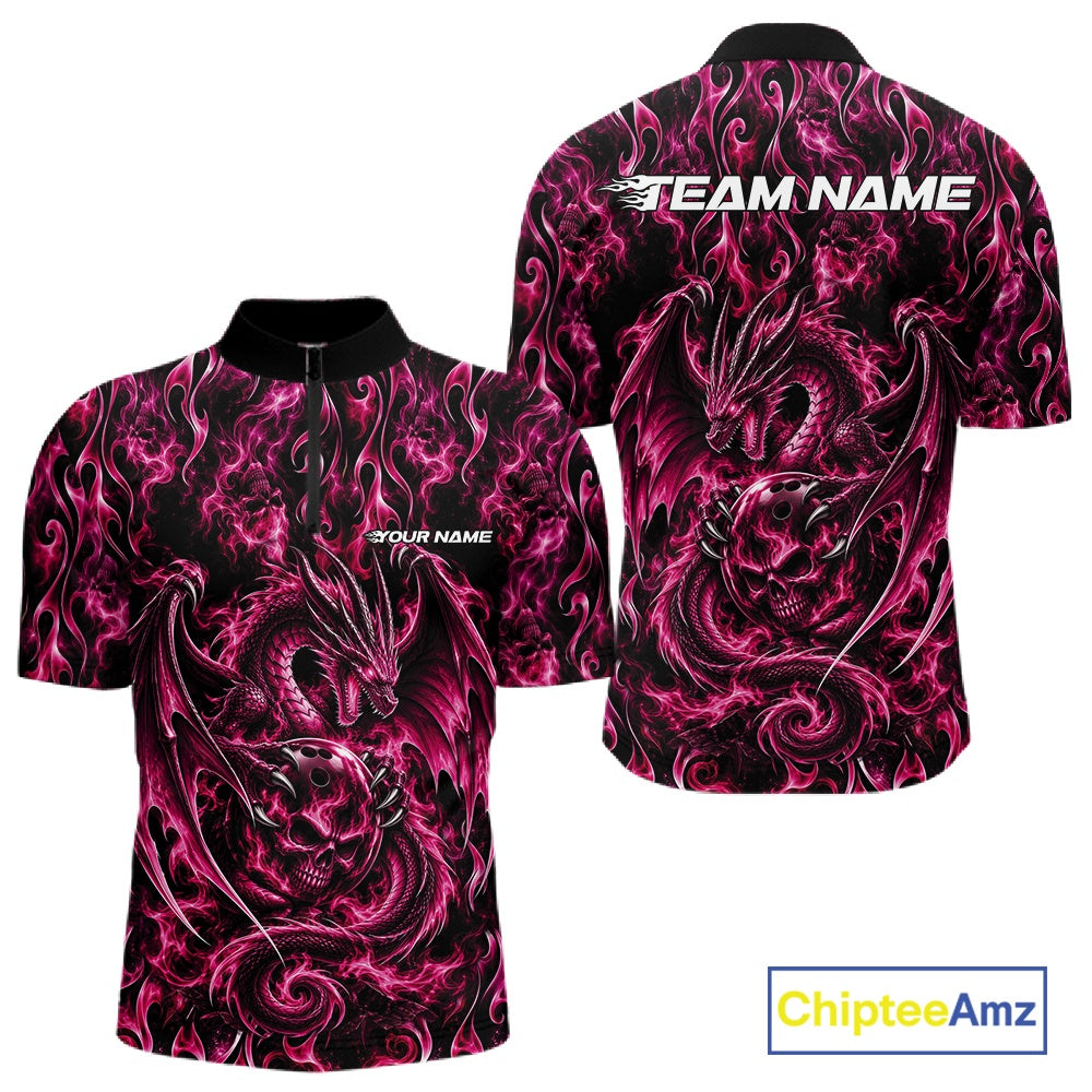 Pink Flame Dragon With Skull Bowling Ball Custom Bowling Men Quarter Zip Shirt Bowling Jersey IPHW12118