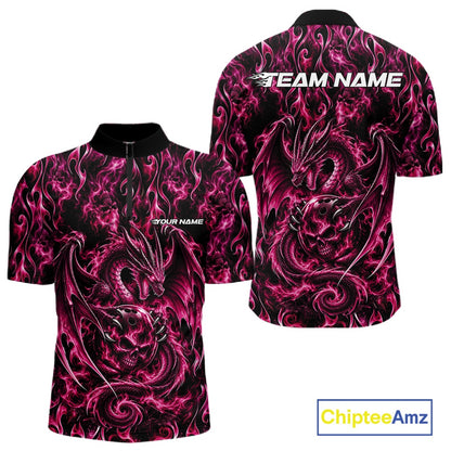 Pink Flame Dragon With Skull Bowling Ball Custom Bowling Men Quarter Zip Shirt Bowling Jersey IPHW12118