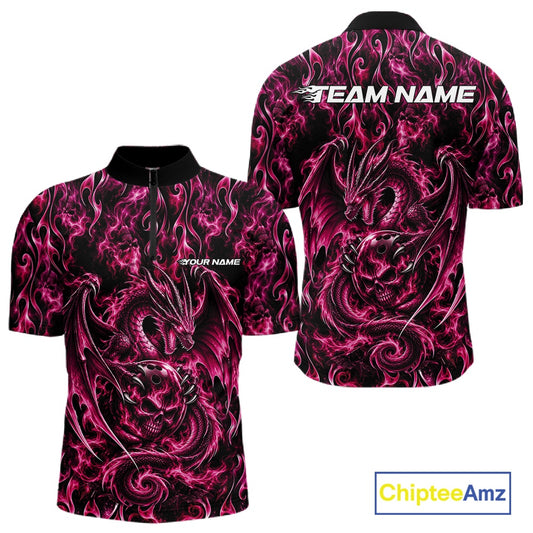 Pink Flame Dragon With Skull Bowling Ball Custom Bowling Men Quarter Zip Shirt Bowling Jersey IPHW12118