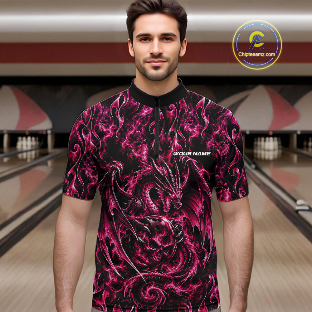 Pink Flame Dragon With Skull Bowling Ball Custom Bowling Men Quarter Zip Shirt Bowling Jersey IPHW12118