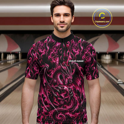 Pink Flame Dragon With Skull Bowling Ball Custom Bowling Men Quarter Zip Shirt Bowling Jersey IPHW12118