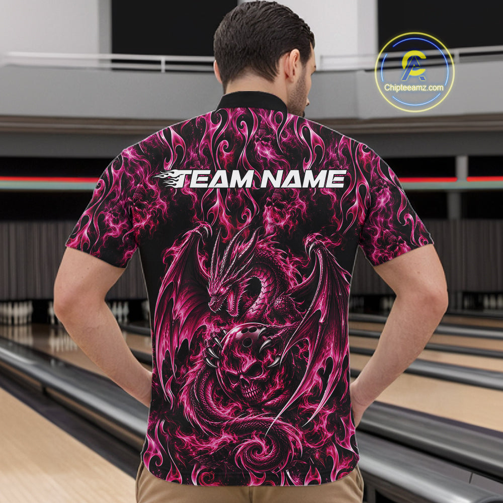 Pink Flame Dragon With Skull Bowling Ball Custom Bowling Men Quarter Zip Shirt Bowling Jersey IPHW12118