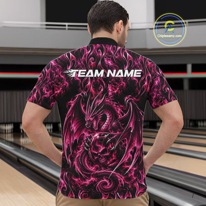 Pink Flame Dragon With Skull Bowling Ball Custom Bowling Men Quarter Zip Shirt Bowling Jersey IPHW12118