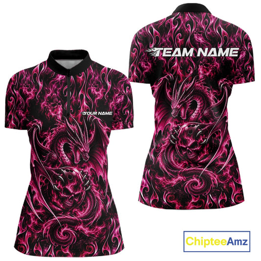 Pink Flame Dragon With Skull Bowling Ball Custom Bowling Women Quarter-Zip Shirt IPHW12118