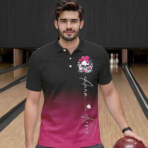 Custom Black And Pink Skull Valentines Day Couple Bowling Polo Shirts For Men IPHW8341