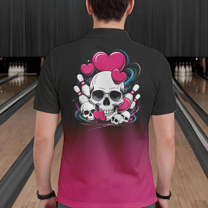 Custom Black And Pink Skull Valentines Day Couple Bowling Polo Shirts For Men IPHW8341