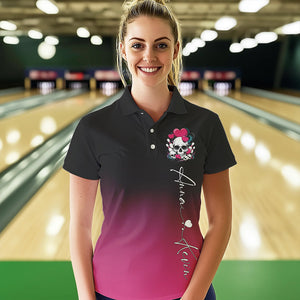 Custom Black And Pink Skull Valentines Day Couple Bowling Polo Shirts For Women IPHW8341