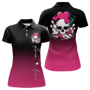 Custom Black And Pink Skull Valentines Day Couple Bowling Polo Shirts For Women IPHW8341