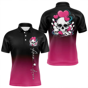 Custom Black And Pink Skull Valentines Day Couple Bowling Polo Shirts For Men IPHW8341