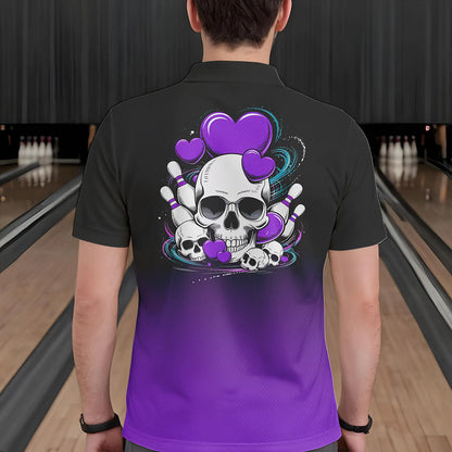 Custom Black And Purple Skull Valentines Day Couple Bowling Polo Shirts For Men IPHW8342