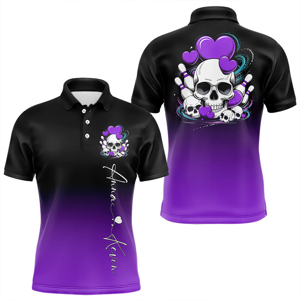 Custom Black And Purple Skull Valentines Day Couple Bowling Polo Shirts For Men IPHW8342