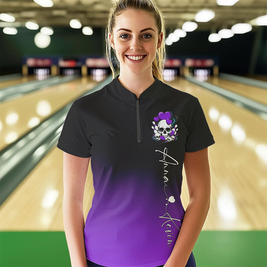 Custom Black And Purple Skull Valentines Day Couple Bowling Quarter-Zip Shirts For Women IPHW8342