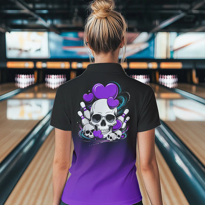 Custom Black And Purple Skull Valentines Day Couple Bowling Quarter-Zip Shirts For Women IPHW8342