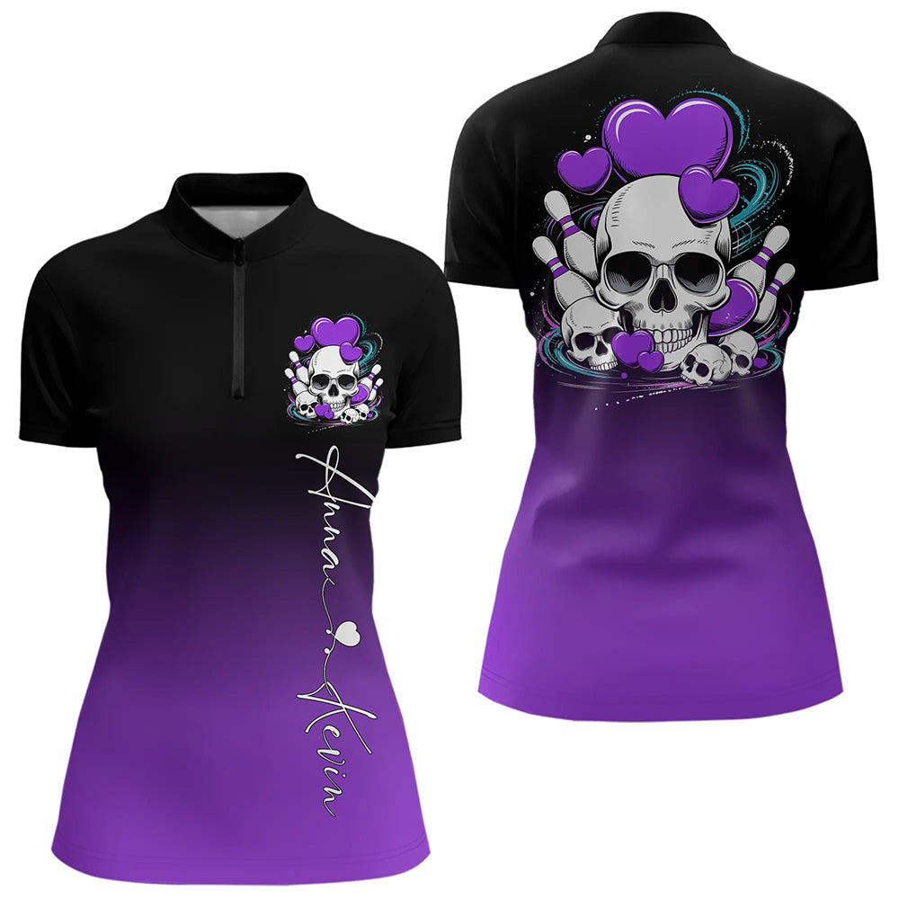 Custom Black And Purple Skull Valentines Day Couple Bowling Quarter-Zip Shirts For Women IPHW8342