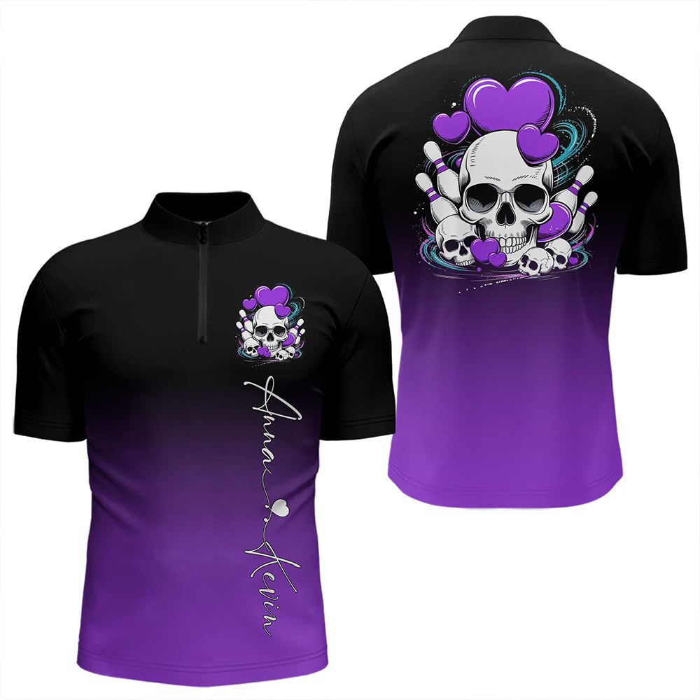 Custom Black And Purple Skull Valentines Day Couple Bowling Quarter-Zip Shirts For Men IPHW8342