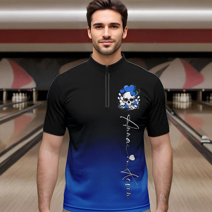 Custom Black And Blue Skull Valentines Day Couple Bowling Quarter-Zip Shirts For Men IPHW8343