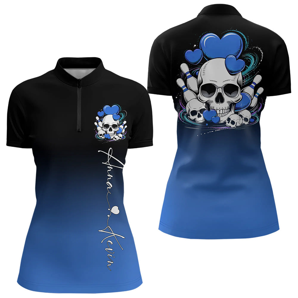 Custom Black And Blue Skull Valentines Day Couple Bowling Quarter-Zip Shirts For Women IPHW8343
