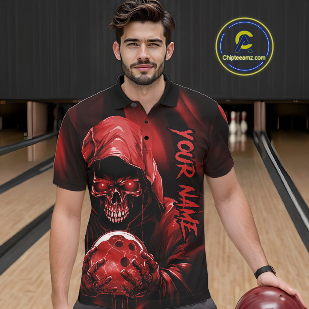 Red Bowling Grim Reaper Custom Men Bowling Polo Shirts Skull Bowling Team Jerseys IPHW10696