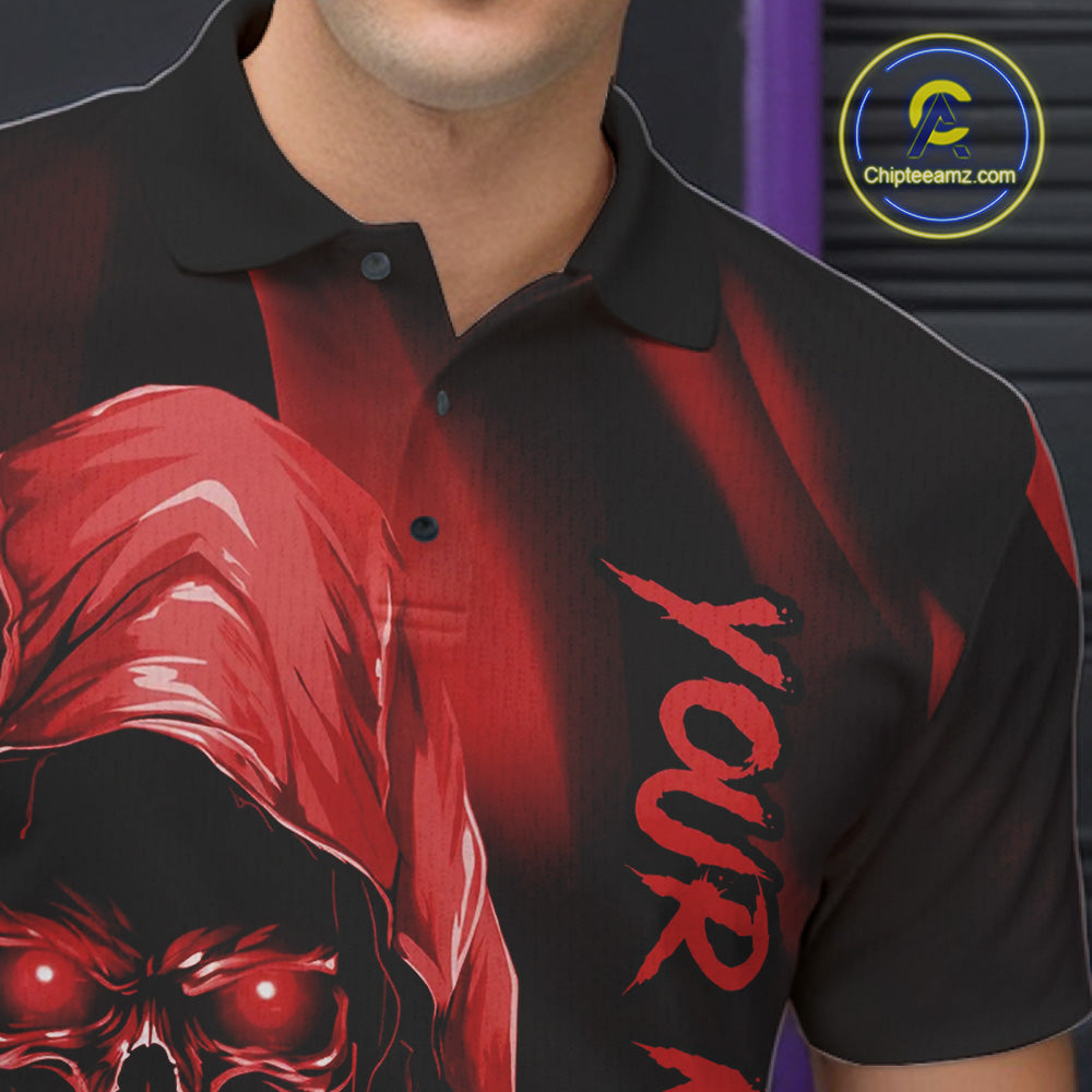 Red Bowling Grim Reaper Custom Men Bowling Polo Shirts Skull Bowling Team Jerseys IPHW10696