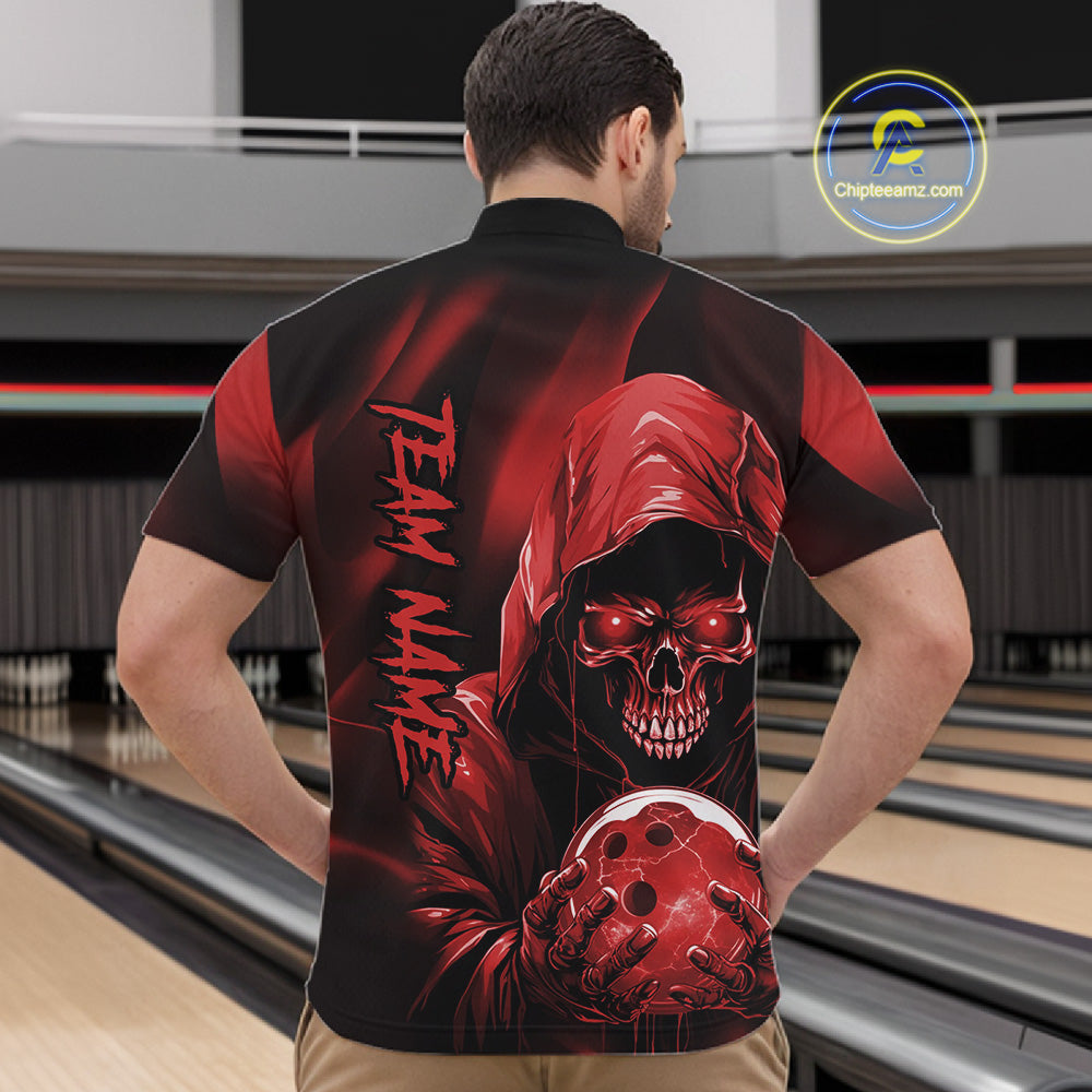 Red Bowling Grim Reaper Custom Men Bowling Quarter-Zip Shirts Skull Bowling Team Jerseys IPHW10696
