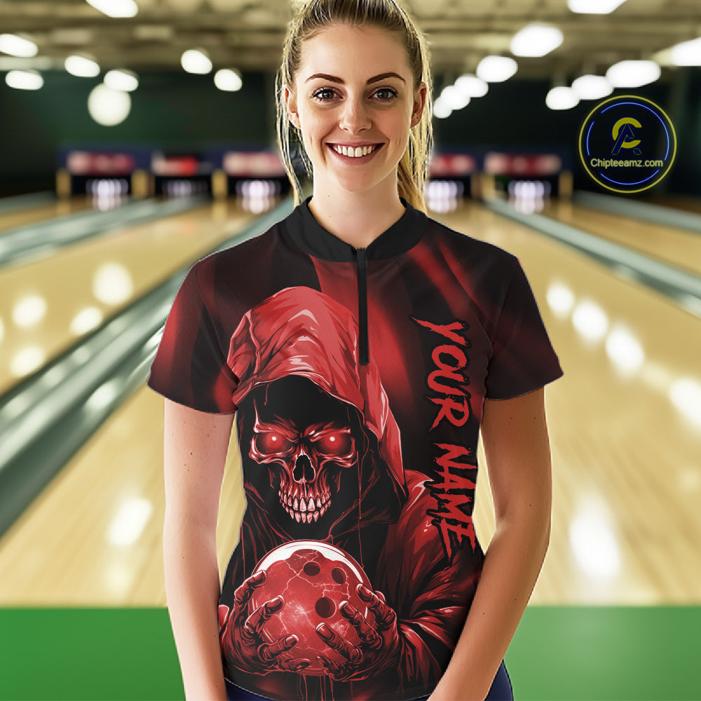 Red Bowling Grim Reaper Custom Women Bowling Quarter-Zip Shirts Skull Bowling Jerseys IPHW10696