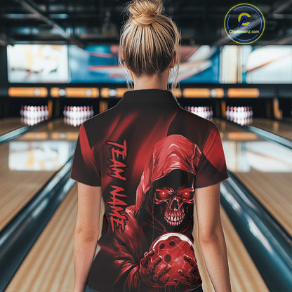 Red Bowling Grim Reaper Custom Women Bowling Quarter-Zip Shirts Skull Bowling Jerseys IPHW10696