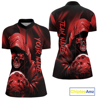 Red Bowling Grim Reaper Custom Women Bowling Quarter-Zip Shirts Skull Bowling Jerseys IPHW10696