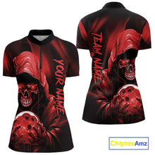 Load image into Gallery viewer, Red Bowling Grim Reaper Custom Women Bowling Quarter-Zip Shirts Skull Bowling Jerseys IPHW10696