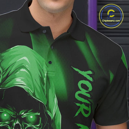 Green Bowling Grim Reaper Custom Men Bowling Polo Shirts Skull Bowling Team Jerseys IPHW10698