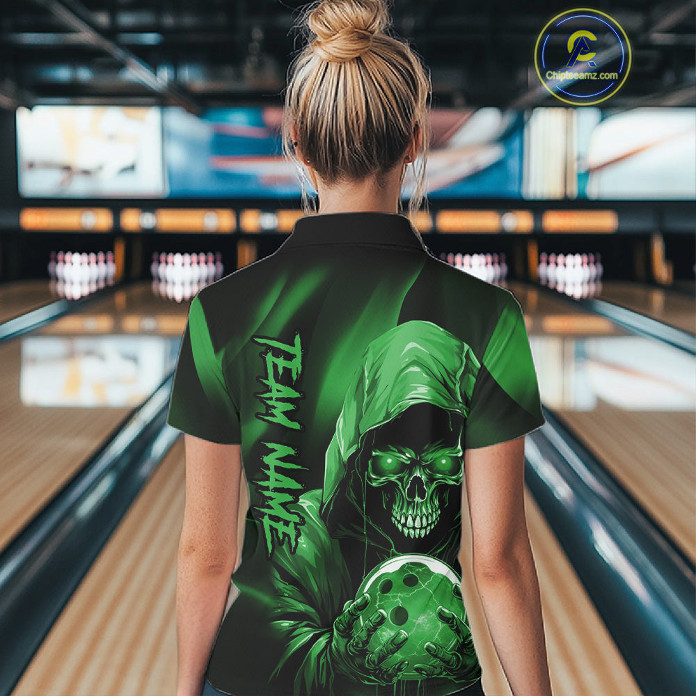 Green Bowling Grim Reaper Custom Women Bowling Quarter-Zip Shirts Skull Bowling Jerseys IPHW10698