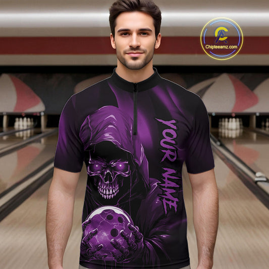Purple Bowling Grim Reaper Custom Men Bowling Quarter-Zip Shirts Skull Bowling Team Jerseys IPHW10699