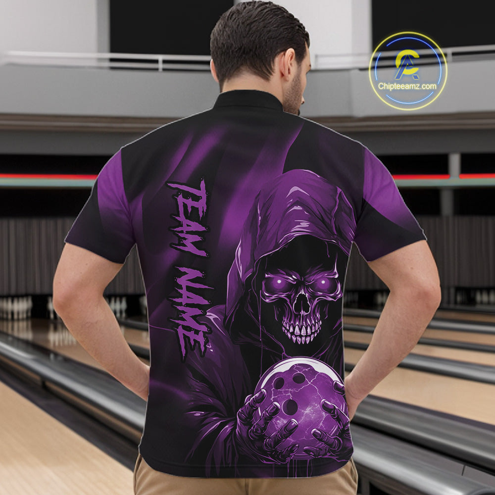 Purple Bowling Grim Reaper Custom Men Bowling Quarter-Zip Shirts Skull Bowling Team Jerseys IPHW10699