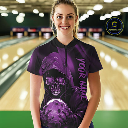 Purple Bowling Grim Reaper Custom Women Bowling Quarter-Zip Shirts Skull Bowling Jerseys IPHW10699