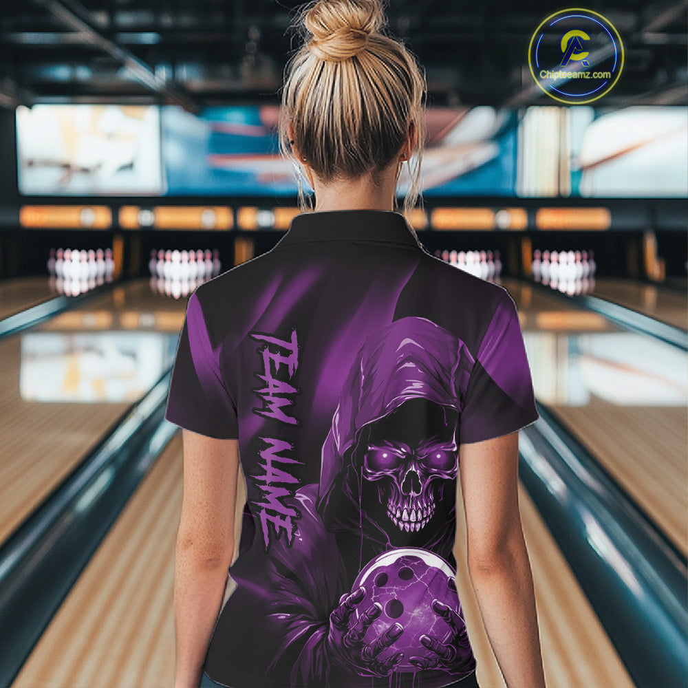 Purple Bowling Grim Reaper Custom Women Bowling Quarter-Zip Shirts Skull Bowling Jerseys IPHW10699