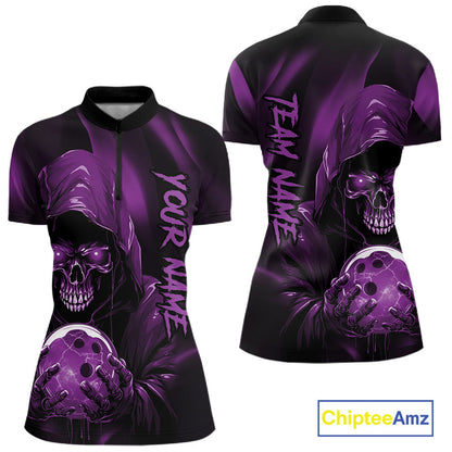 Purple Bowling Grim Reaper Custom Women Bowling Quarter-Zip Shirts Skull Bowling Jerseys IPHW10699