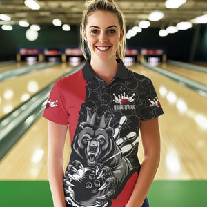 Black And Red Custom Bear Bowling Queen Polo Shirts For Women, Bear Bowling Team Uniform IPHW8834