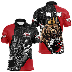 Black And Red Custom Bear Bowling King Polo Shirts For Men, Bear Bowling Team Uniform IPHW8834