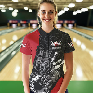 Black And Red Custom Bear Bowling Queen Women Quarter-Zip Shirt, Bear Bowling Team Uniform IPHW8834