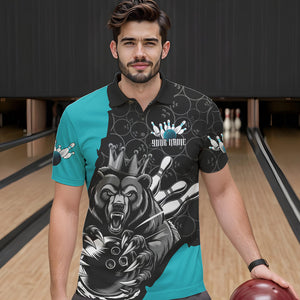 Black And Blue Custom Bear Bowling King Polo Shirts For Men, Bear Bowling Team Uniform IPHW8835