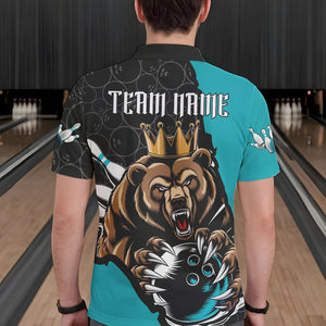 Black And Blue Custom Bear Bowling King Polo Shirts For Men, Bear Bowling Team Uniform IPHW8835