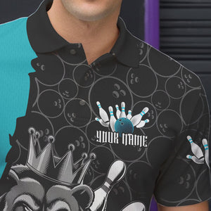 Black And Blue Custom Bear Bowling King Polo Shirts For Men, Bear Bowling Team Uniform IPHW8835