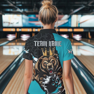 Black And Blue Custom Bear Bowling Queen Polo Shirts For Women, Bear Bowling Team Uniform IPHW8835