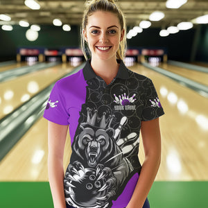 Black And Purple Custom Bear Bowling Queen Polo Shirts For Women, Bear Bowling Team Uniform IPHW8836