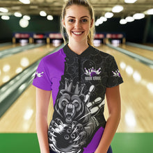 Load image into Gallery viewer, Black And Purple Custom Bear Bowling Queen Women Quarter-Zip Shirt, Bowling Team Uniform IPHW8836