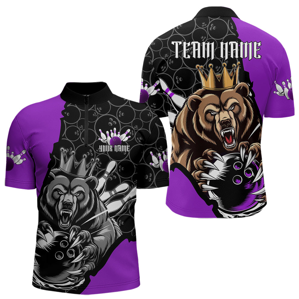 Black And Purple Custom Bear Bowling King Quarter-Zip Shirts For Men, Bear Bowling Team Uniform IPHW8836