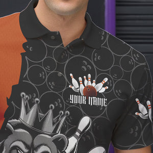 Black And Orange Custom Bear Bowling King Polo Shirts For Men, Bear Bowling Team Uniform IPHW8837