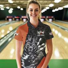 Load image into Gallery viewer, Black And Orange Custom Bear Bowling Queen Polo Shirts For Women, Bear Bowling Team Uniform IPHW8837